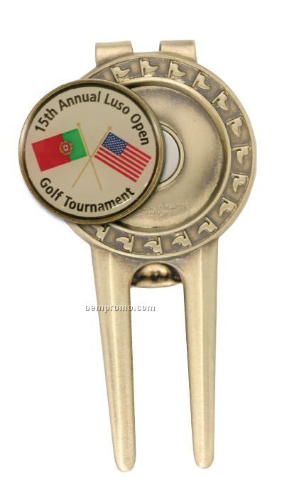 Solid Brass Divot Tool W/ Spring Money Clip Back And Full Color Ball Marker