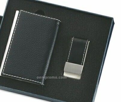 Black Leatherette Business Card Case With Money Clip