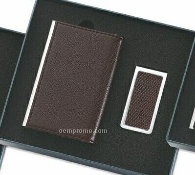 Brown Leatherette Business Card Case With Money Clip
