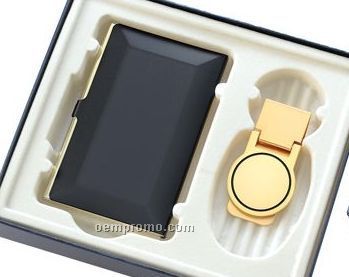 Black Business Card Case With Gold Money Clip Gift Set