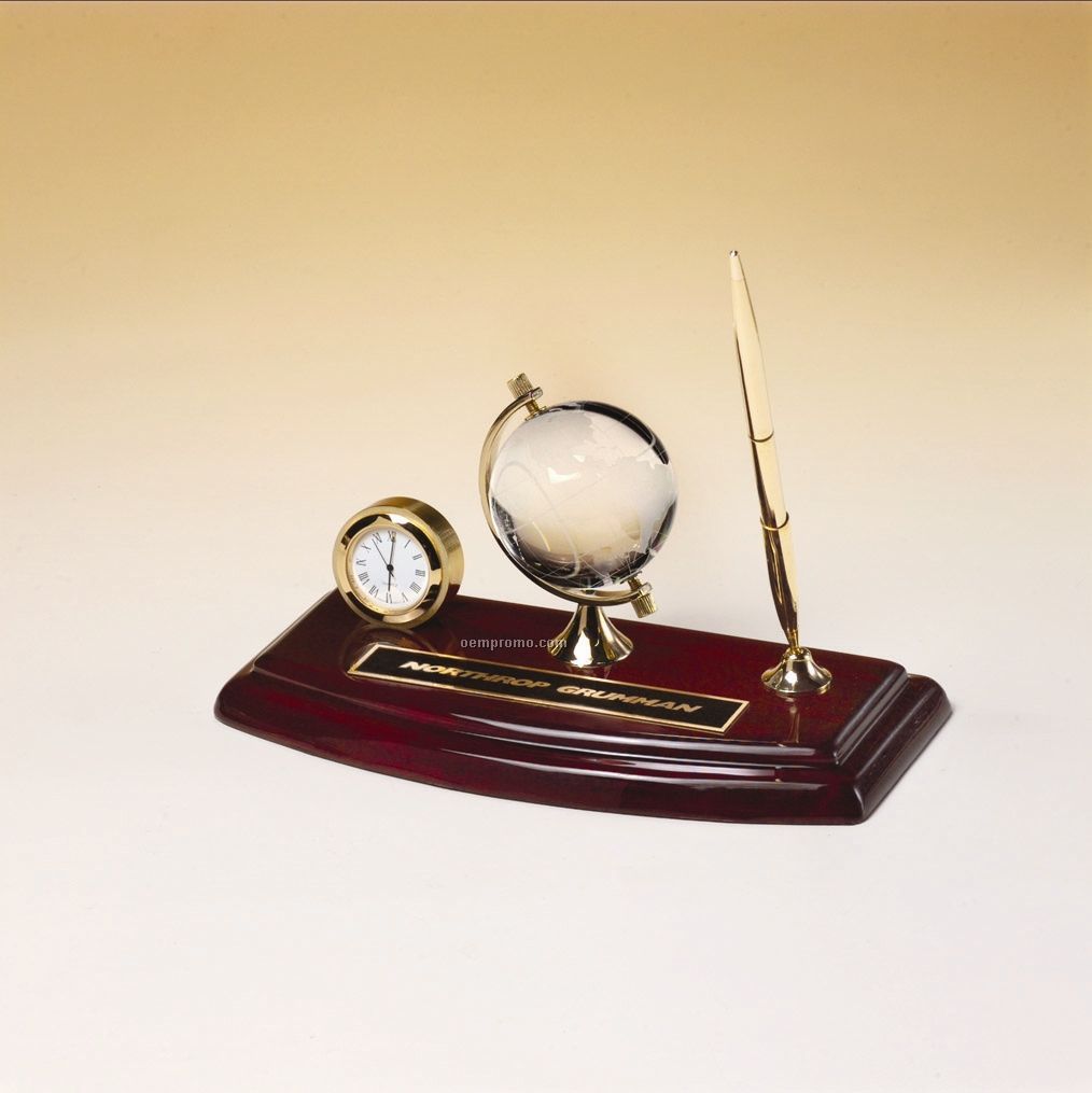 Rosewood Desk Set With Pen, Crystal Globe And Clock; 8.625" X 4.5"