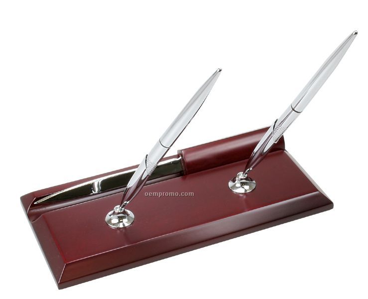 Rosewood Finish Desk Set With Two Pens & Letter Opener