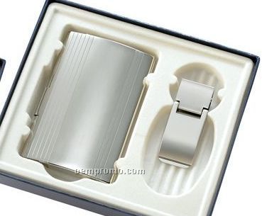 Silver Business Card Case & Money Clip With Striped Cover