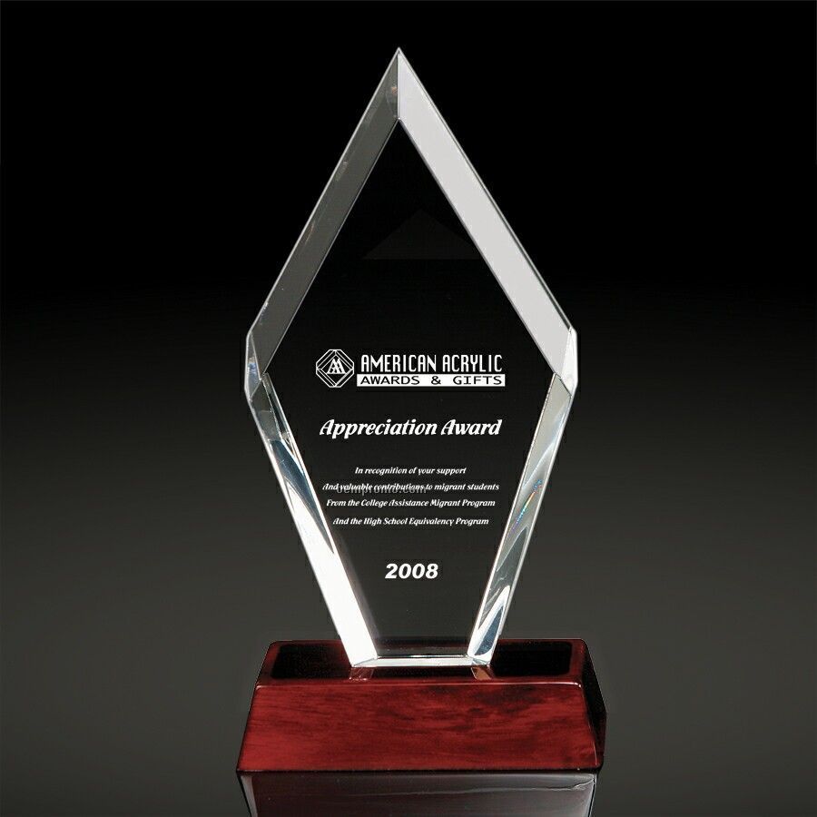 14"X6"X2 1/2" Clear Arrowhead Award With Rosewood Bases