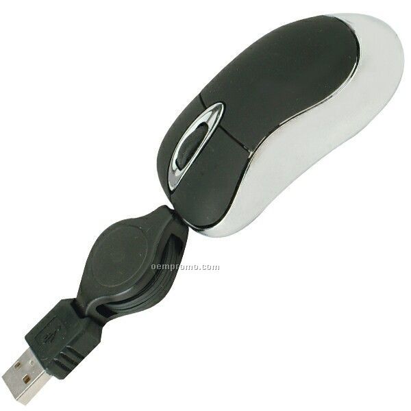 Super Mini Optical USB Mouse With Retractable Cord - Black