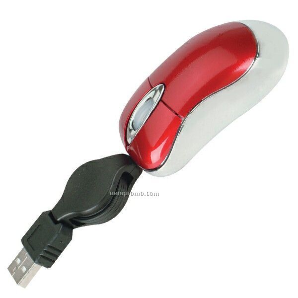 Super Mini Optical USB Mouse With Retractable Cord - Red