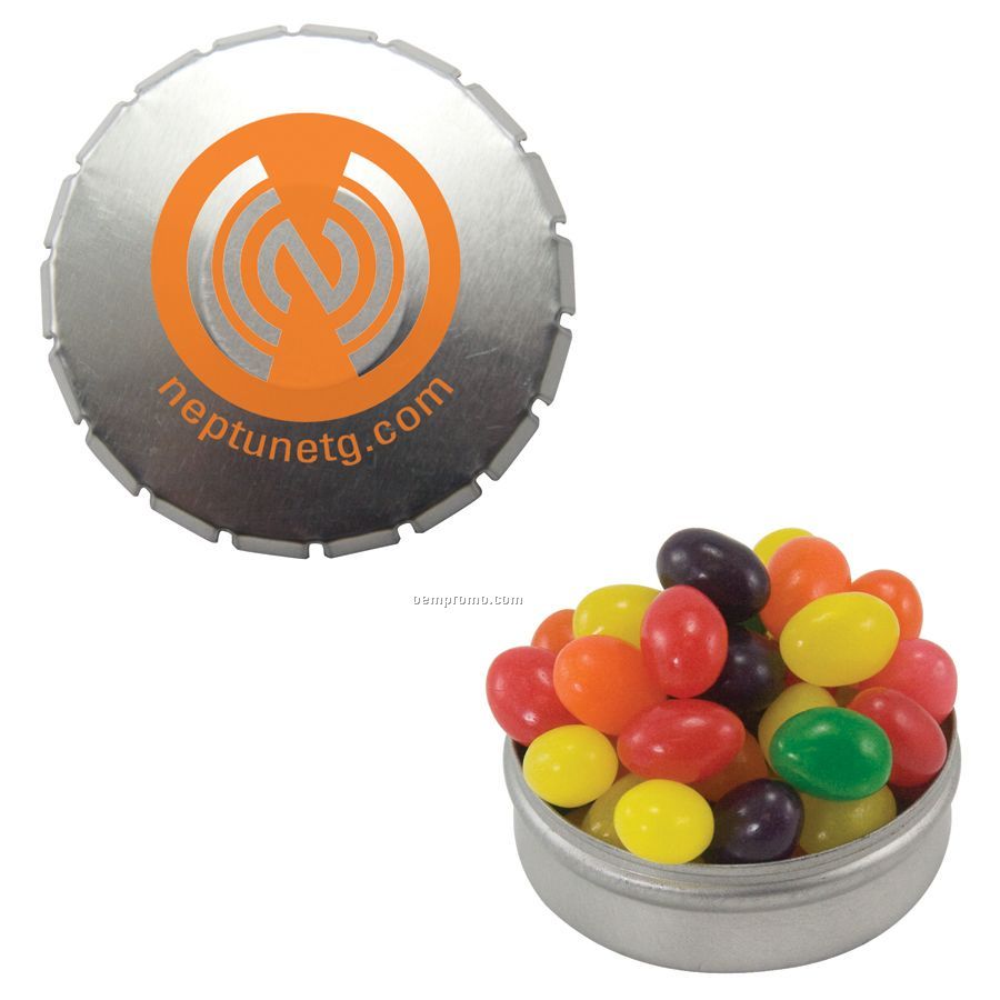 Large Silver Snap Top Round Tin Filled With Jelly Bean