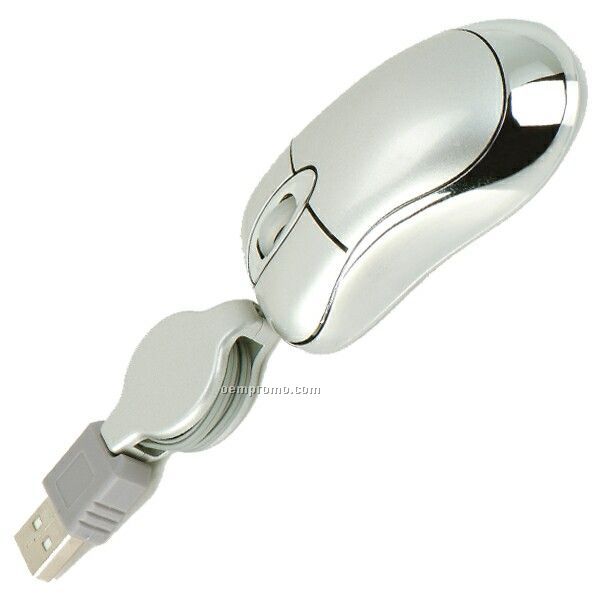 Super Mini Optical USB Mouse With Retractable Cord - Silver