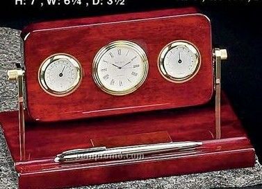 Brass Clock Thermometer & Hygrometer On Mahogany Wood