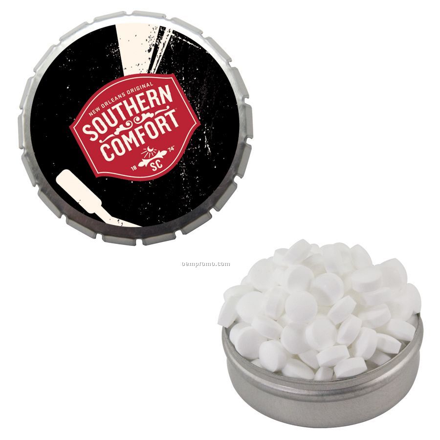 Large Silver Snap Top Round Tin Filled With Sugar Free Mints