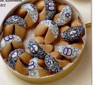 Tin Of 50 Good Fortune Cookies Dipped In White Chocolate (Hanukah)