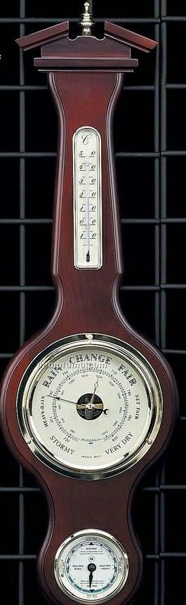 Tide Clock W/ Barometer, Thermometer & Hygrometer On Mahogany Base