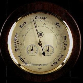 Brass Barometer W/ Thermometer & Hygrometer On Cherry Wood