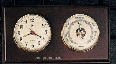 Brass Clock & Barometer On Oak Wood Base