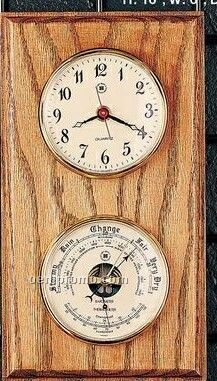 Brass Clock, Barometer & Thermometer On Oak Base