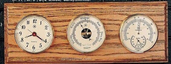 Brass Clock, Barometer, Thermometer & Hygrometer On Oak Base