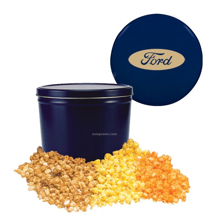 Blue Three Way Two Gallon Popcorn Tin With Caramel, Butter & Cheese Flavors