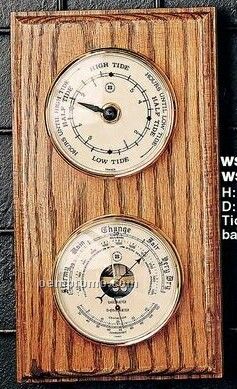 Brass Tide Clock, Barometer & Thermometer On Oak Base