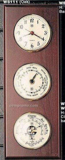 Brass Time & Tide Clock W/ Barometer & Thermometer On Oak Base