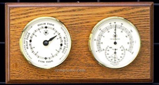 Brass Clock W/ Thermometer & Hygrometer On Oak Base