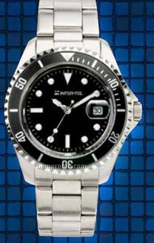 Men's Black Dial Watch W/ Folded Steel Bracelet & Magnified Date Display