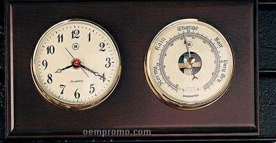 Brass Clock & Barometer On Mahogany Wood Base