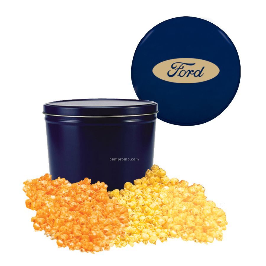 Blue Two Way Two Gallon Popcorn Tin With Butter & Cheese Flavors