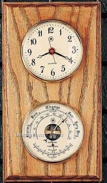 Brass Clock, Barometer & Thermometer On Mahogany Wood Base