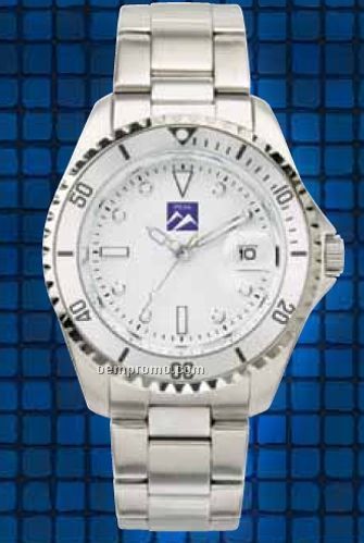 Ladies' White Dial Watch W/ Folded Steel Bracelet & Magnified Date Display