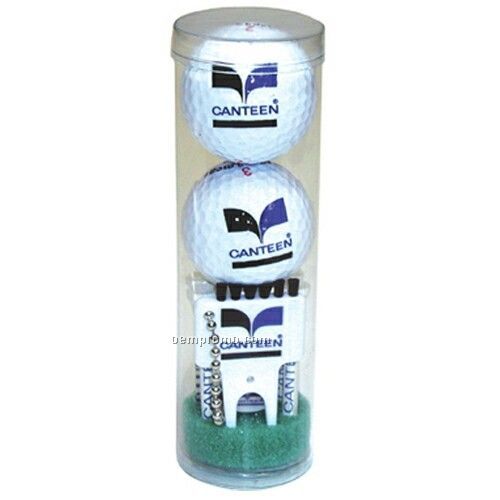 Golf Combo Tube Pack W/ 6 Tees/ 2 Balls/ Marker/ Brush Divot Tool (2 1/8")