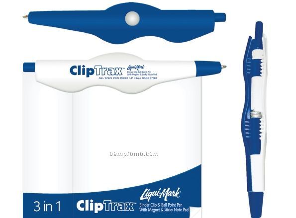 Cliptrax Binder Clip / Ball Point Pen W/ Magnet & Sticky Note Pad