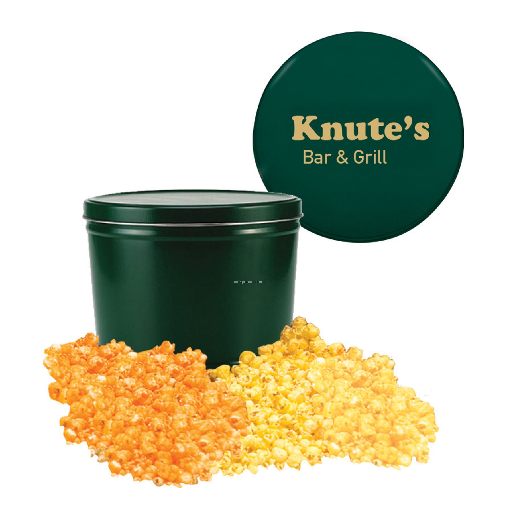 Green Two Way Two Gallon Popcorn Tin With Butter & Cheese Flavors
