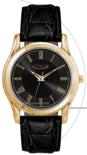 Ladies' 38 Mm Metal Case Watch W/ Polished Gold Finish & Black Dial