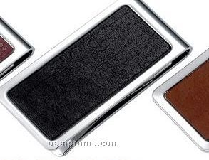 Metal Chrome Plated Money Clip With Black Genuine Leather
