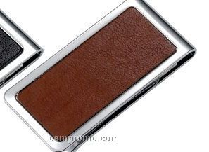 Metal Chrome Plated Money Clip With Brown Genuine Leather