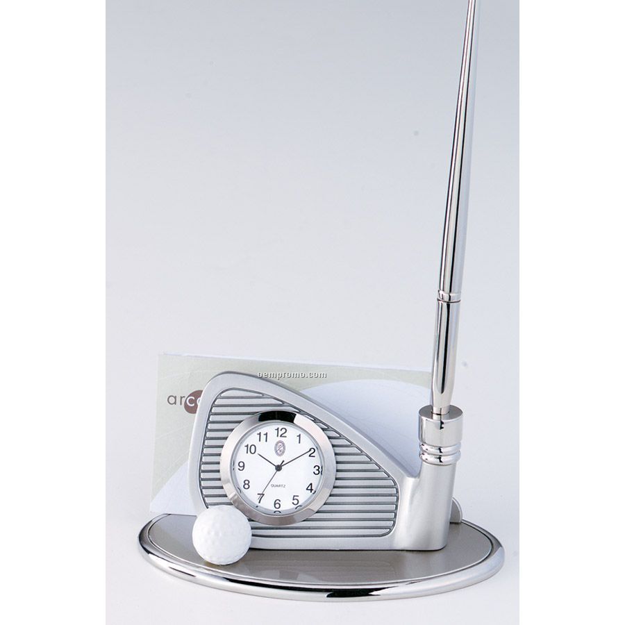 Golf Club Shaped Pen & Business Card Holder With Clock