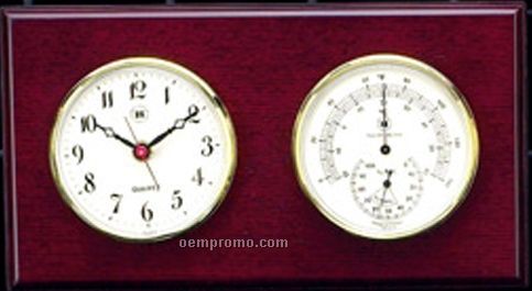 Brass Clock W/ Thermometer & Hygrometer On Mahogany Base