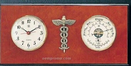 Brass Clock, Thermometer & Barometer On Burlwood Base - Medical