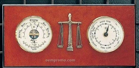 Brass Tide Clock, Barometer & Thermometer On Burlwood Base - Legal