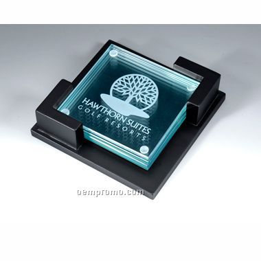 Clear Glass Coaster Set In Black Wooden Box (Laser Engraved)