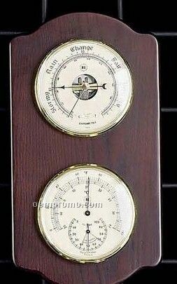 Brass Clock, Barometer & Thermometer On Ash Wood Base