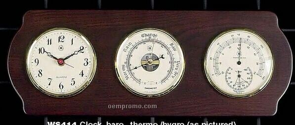 Brass Clock, Barometer, Thermometer & Hygrometer On Ash Wood Base