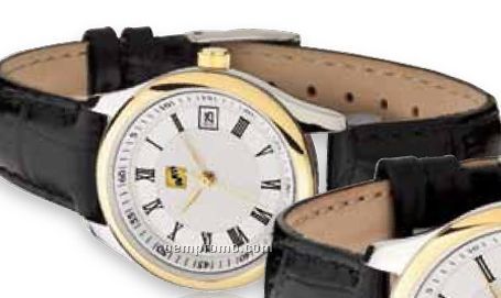 Watch Creations Ladies' 2 Tone Silver/ Gold Watch W/ Black Leather Strap