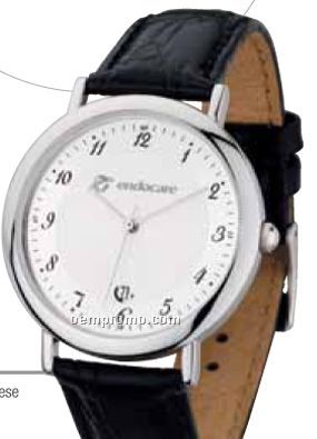 Watch Creations Men's Polished Silver Watch W/ Black Leather Strap
