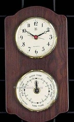 Brass Tide Clock, Barometer & Thermometer On Ash Wood Base