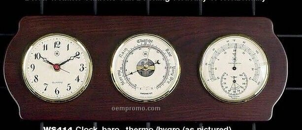 Brass Clock, Tide Clock, Barometer & Thermometer On Ash Wood