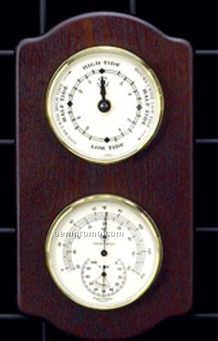 Brass Clock W/ Thermometer & Hygrometer On Ash Base