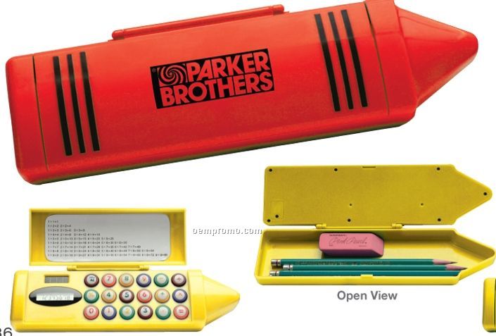 Crayon Shape Pencil Box Calculator - Red Pencil Case & Solar Calculator