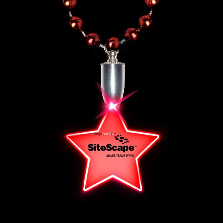 Flashing Illuminated Star Charm W/ Mardi Gras Beads - Red