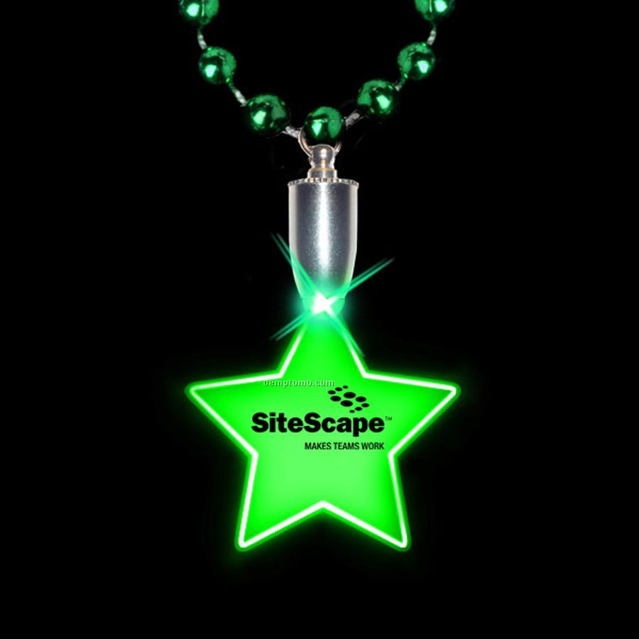 Flashing Illuminated Star Charm W/ Mardi Gras Beads - Green